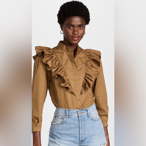 Xirena Women`s Callie Top In Khaki Gold Tan Size XL Ruffle Collar - Picture 1 of 12